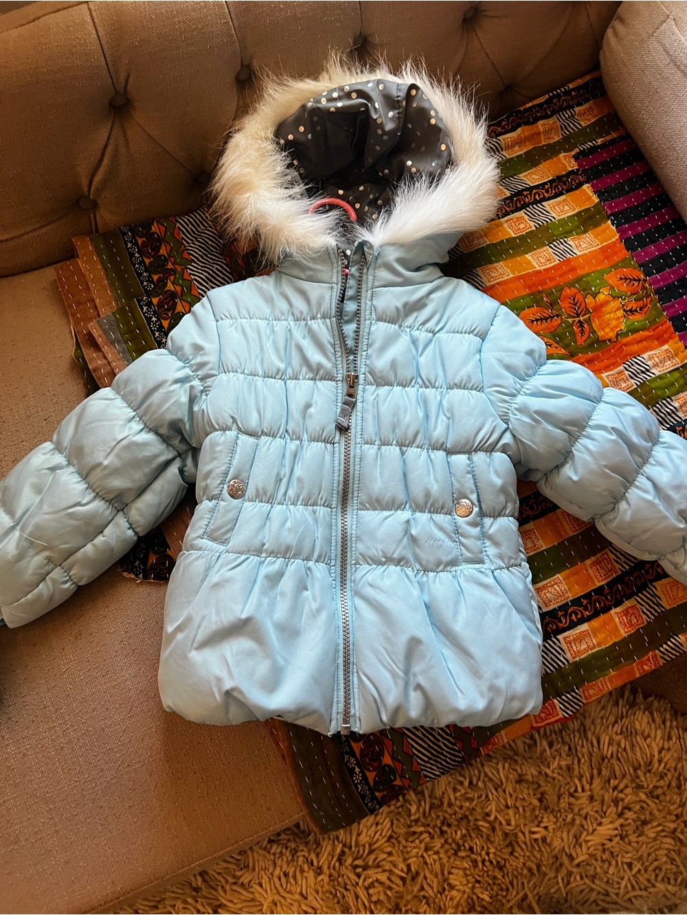 Girls' Light Blue Faux-Fur Trim Puffer Jacket